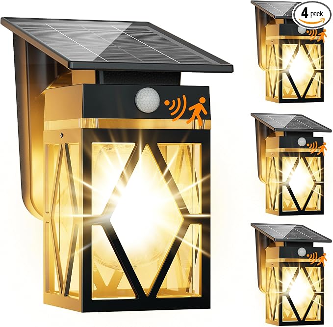 4 Pack Solar Porch Lights Outdoor with Dusk-to-Dawn Motion Sensor | 200LM 3000K Warm White, E26 ST58 Bulb, Classic Lantern Design, 3 Lighting Modes, IP65 Waterproof for Porch, Garage & Patio