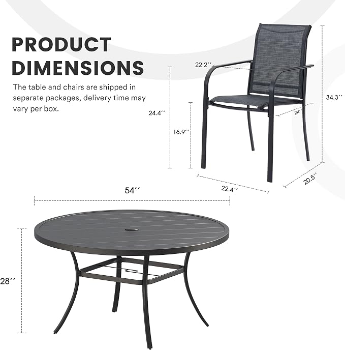 9 Pieces Patio Dining Set, 53" Round Dining Table with Umbrella Hole, 8 Stackable Textilene Fabric Chairs, Metal Structure for Patio, Porch, Garden(Black Table, Grey Chair)