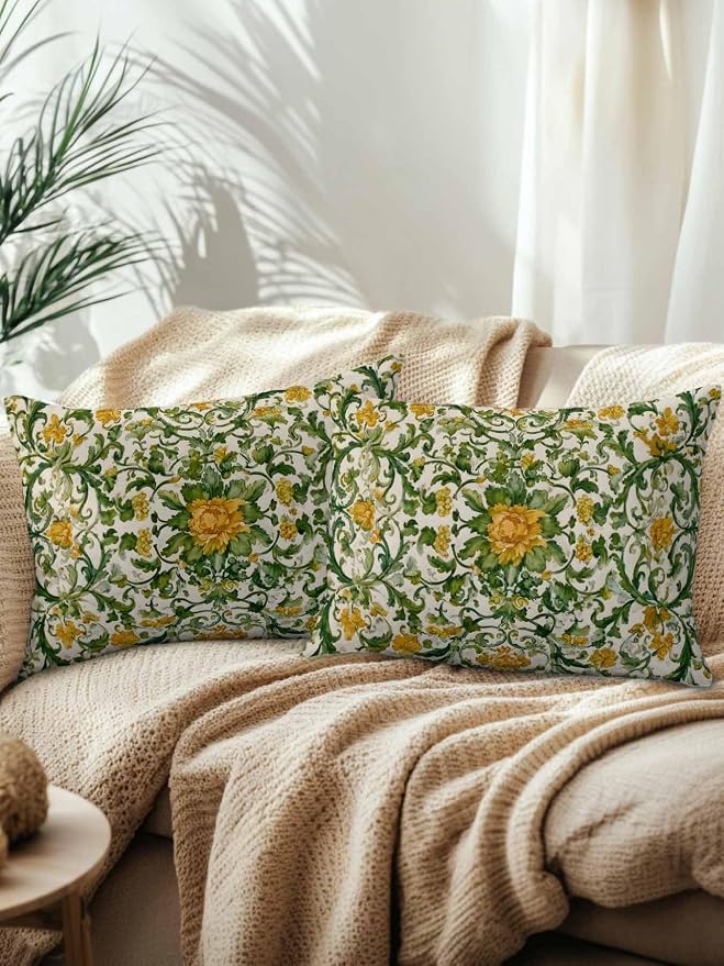 Outdoor Pillows with Inserts Set of 2 12x20, Yellow Green Boho Waterproof Outdoor/Indoor Throw Pillows, Classic Floral Farmhouse Botanical Decorative Pillow for Bed Couch Sofa Patio Furniture