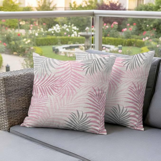 Outdoor Waterproof Throw Pillow Covers, Pink Grey Palm Leaves Decorative Pillow Cases, Summer Botanical Tropical Leaf Couch Pillow Protector Patio Sofa Cushion Covers Replacement 20"x20" 2 Pack