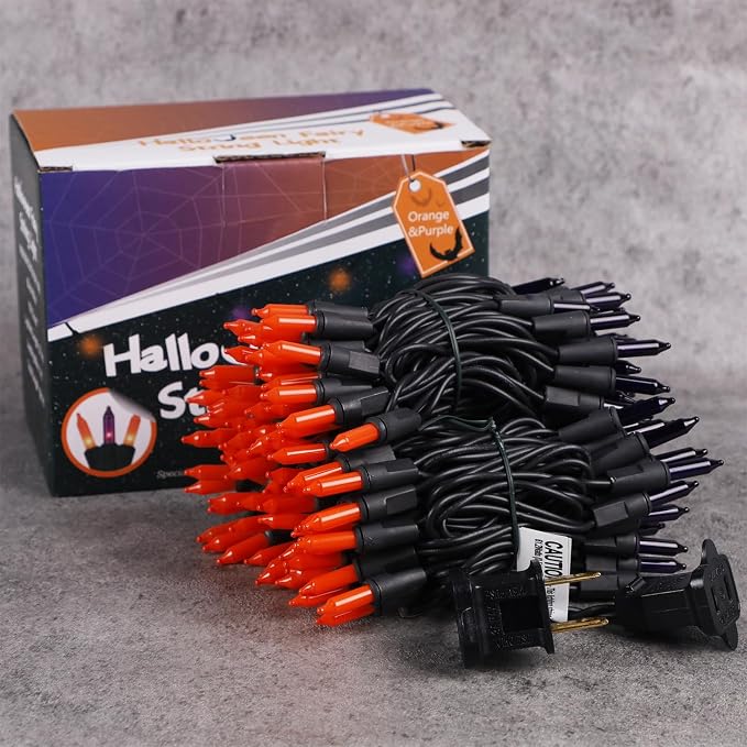 LJLNION Halloween Lights, 29ft 150 Count Black Wire Fairy Mini Lights, 120V UL Certified Incandescent Light String, Connectable for Garden Patio Holiday Party Outdoor Decor, Orange & Purple