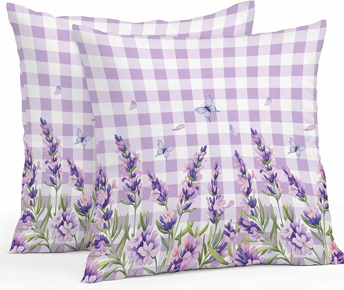 Vandarllin Outdoor Throw Pillows Covers 18x18 inch Set of 2 Waterproof Purple Lavender Flower Decorative Zippered Cushion Covers for Patio Furniture, Butterfly Buffalo Plaid Lumbar Pillowcases