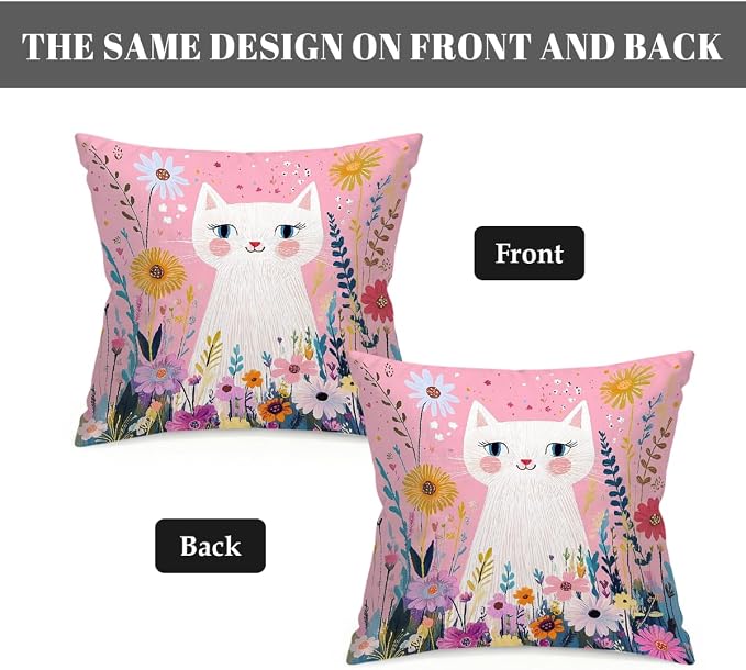 22x22 Inch Outdoor Pillow Covers Set of 2 Waterproof Throw Pillow Covers Decorative Couch Cushion Covers Pink Cat Garden Flowers Square Pillowcases Protectors for Patio Garden Sofa