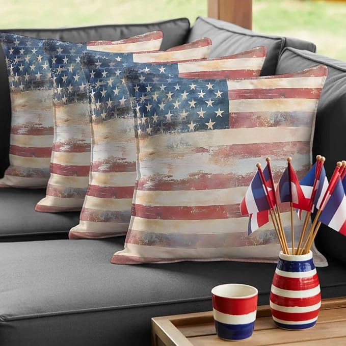 Retro American Flag Outdoor Pillow Covers 26"x26" Set of 2, Independence Day Waterproof Throw Pillow Covers for Patio Furniture, Decorative Cushion Covers for Porch