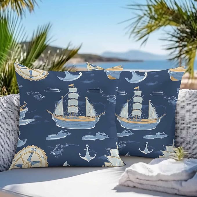Coastal Boat on Navy Blue Outdoor Pillow Covers 16x16in Pack of 2 Waterproof Pillowcase Nautical Ocean Compass Anchor Decorative Throw Cushion Case for Patio Couch Sofa