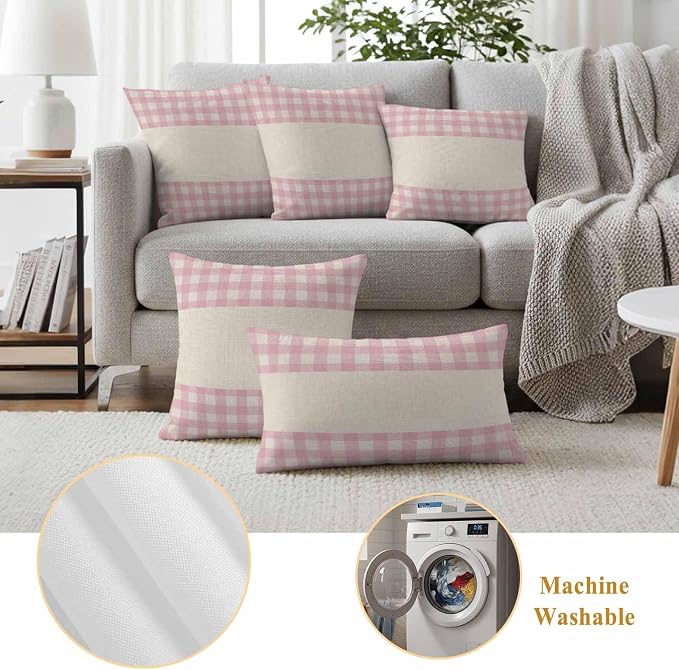 Retro Pink Outdoor Waterproof Pillow Covers, Farmhouse Buffalo Plaid Vintage Beige Decorative Square Throw Pillowcase Sofa Cushion Sham for Patio/Couch/Chair, 18"x18" 2 Pack