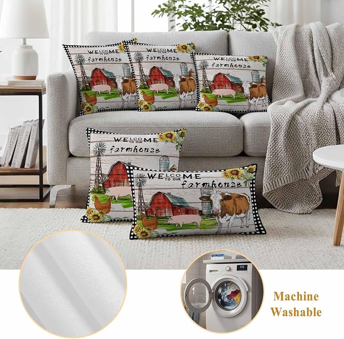 Outdoor Waterproof Pillow Covers 20x12Inch Farmhouse Animal Barn Chicken Pig Cow Throw Pillowcases for Patio Garden Couch Sofa Retro Wood Grain Farm Scene Decorative Cushin Case,Pack of 2
