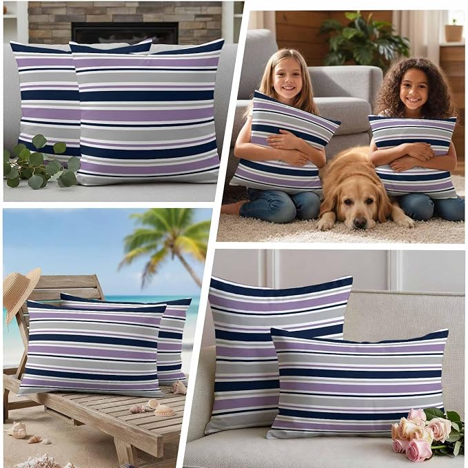 Outdoor Pillow Covers 16 x 16 Inches, Purple Grey Striped Waterproof Throw Pillow Cover Set of 2, Farmhouse Stripes Modern Abstract Art Decorative Square Cushion Covers for Patio/Couch/Garden