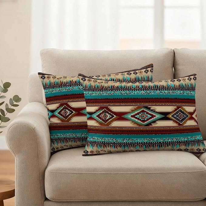 Boho Ethic Outdoor Pillow Covers 20"x12" Set of 2, Western Aztec Tribal Teal Brown Diamond Stripes Waterproof Throw Pillow Covers for Patio Furniture, Decorative Cushion Covers for Porch