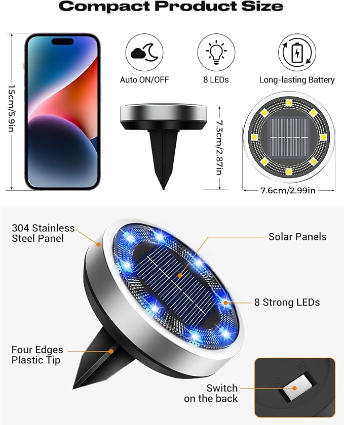 btfarm 4 Pack Solar Lights Outdoor, 8 LED Solar Ground Lights IP65 Waterproof Flat Solar Disc Light, Pathway Lights for Garden Lawn Patio Yard Path Landscape, Blue