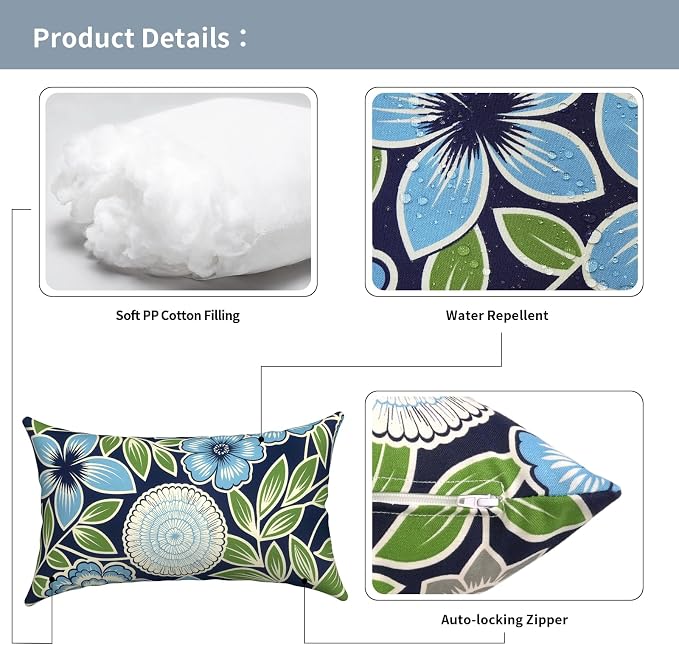Outdoor Lumbar Pillows with Insert 12x20 Inch, Waterproof Throw Pillow for Patio Furniture, Decorative Lumbar Cushions for Garden Home Sofa Office Chair, Set of 2, Azure Botanical Symphony