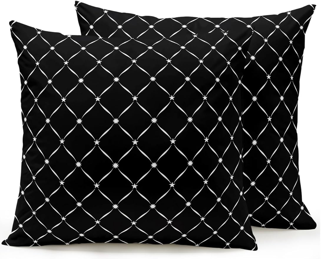 Waterproof Outdoor Pillow Set of 2 Black Grid Plaid Decorative Throw Pillows Cover & Insert 18x18 Inch Pillowcase Diagonally Crossed Lines Pillows for Couch Sofa Bed Patio Furniture Indoor Outdoor