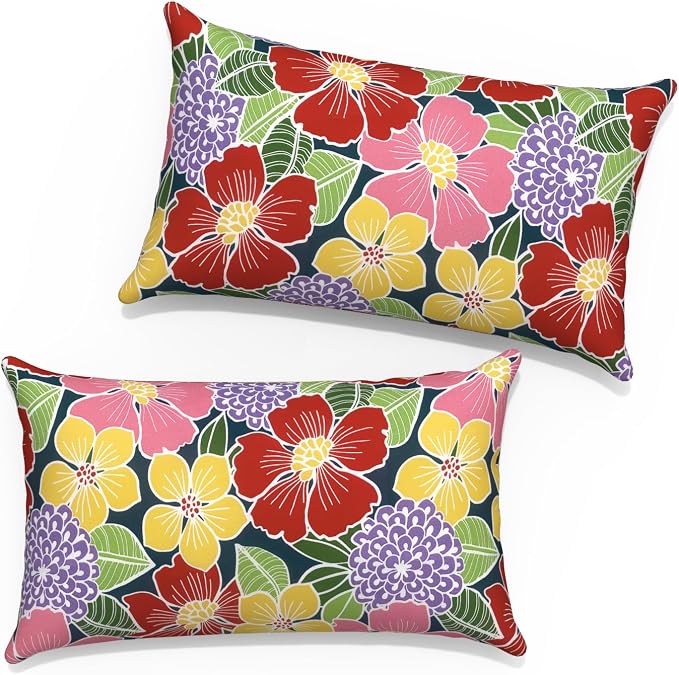 12x20 Inch Lumbae Pillow Covers, Rectangle Waterproof Throw Covers Set of 2, Decorative Patio Furniture Cushion Cases for Porch Garden, Flower Bloom