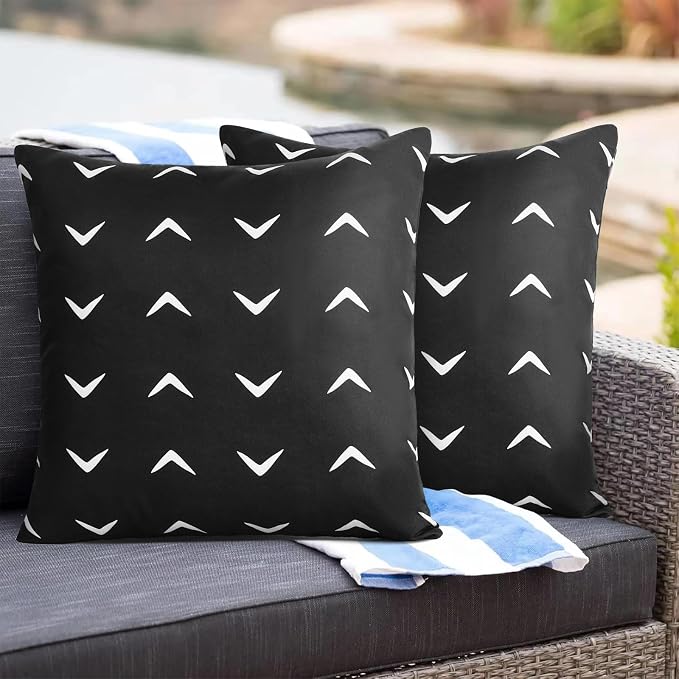 Adabana Geometric Waterproof Outdoor Pillow Covers 18x18 Black and White | Set of 2 Waterproof Design for Patio, Porch, Garden and Beach Decor