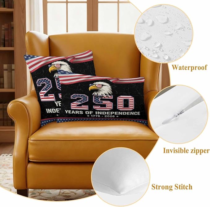 250 Years Anniversary Outdoor Waterproof Throw Pillow Covers 26x26 Set of 2, Independence Day USA Eagle Flag Decorative Pillowcases Cushion Pillowcase for Couch Sofa Patio Outside Pillow Protector