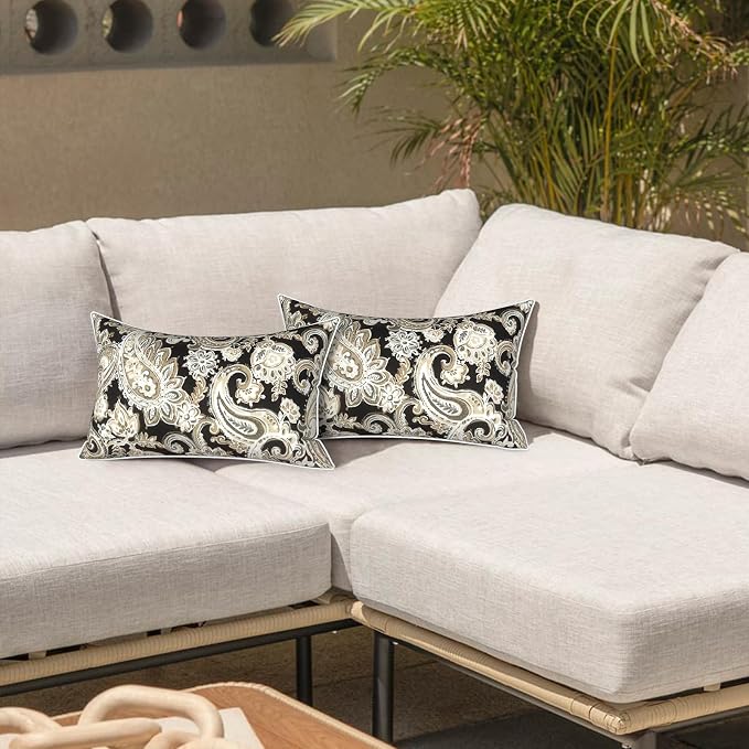 LVTXIII Set of 2 Outdoor Lumbar Pillows for Patio Furniture with White Piping, 12"x20" Fade Resistant Patio Lumbar Pillows with Inserts for Home Coach Sofa Use, Paisley Black