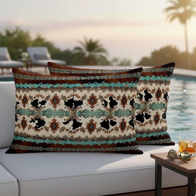 Boho Cowhide Outdoor Pillow Covers 20"x12" Set of 2, Western Aztec Tribal Green Brown Cow Texture Waterproof Throw Pillow Covers for Patio Furniture, Decorative Cushion Covers for Porch