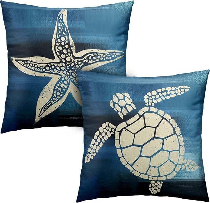 Sea Turtle Pillow Covers 16x16 Starfishes Cushion Cases Ocean Coastal Beach Pillowcases Set of 2 Outdoors Modern Home Decor Square Soft Ocean Theme Throw Pillow Covers