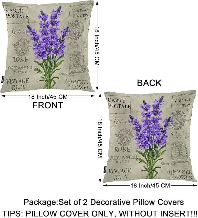 Swono Lavender Throws Pillows Covers for Couch, Violet Lavender Flowers Stamp Decorative Pillow Cases for Men Women, Purple Comfortable Pillow Cushion Cover Pack of 2 18"X18" for Home Sofa Bed