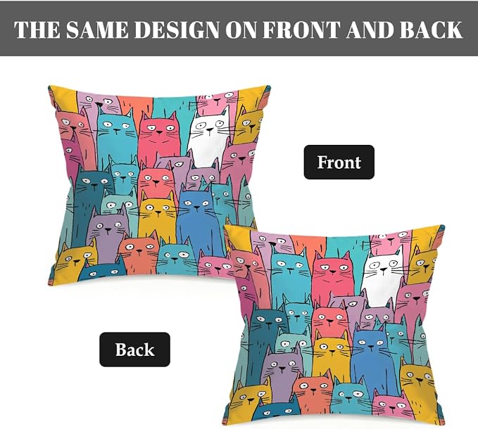 18x18 Inch Outdoor Pillow Covers Set of 2 Waterproof Throw Pillow Covers Decorative Couch Cushion Covers Colorful Cats Pattern Square Pillowcases Protectors for Patio Garden Sofa