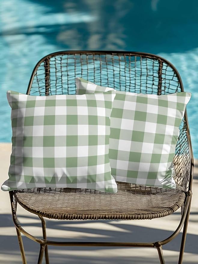 Waterproof Outdoor Pillow Set of 2 Green Buffalo Plaid Decorative Throw Pillows Cover & Insert 16x16 Inch Pillowcase Check Lines Square Pillows for Couch Sofa Bed Patio Furniture Indoor Outdoor