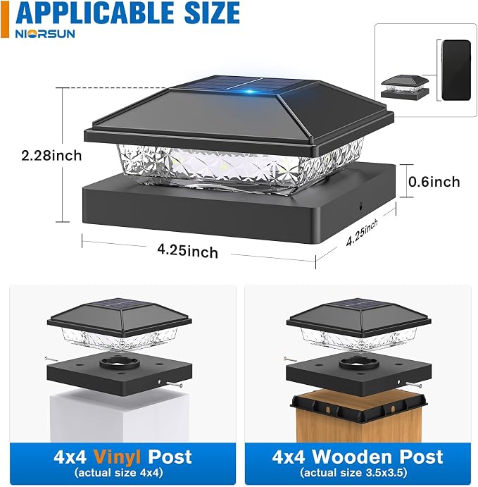 Solar Post Cap Lights,4x4 Post Solar Light Cool White,Black 12 Pack | Fence Post Solar Lights for 4x4 Post Caps Wood Vinyl, IP64 Waterproof Solar Post Lights Outdoor, Solar Deck Post Lights