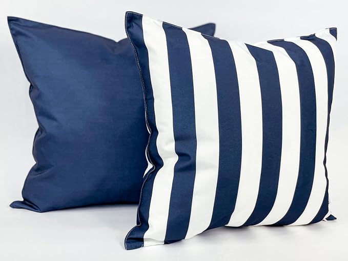 Pack of 2 Solid and Stripe 20''x20'' Outdoor Waterproof Navy Blue Throw Pillow Covers Decorative Square Cushion Patio Pillows for Patio Furniture (Polar Night)