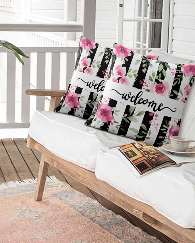 Outdoor Waterproof Throw Pillows Welcome Words Pink Flowers Patio Pillows,Decorative Pillow Covers with Insert,Pillow Cushion Case for Garden Couch Sofa Country Black Line