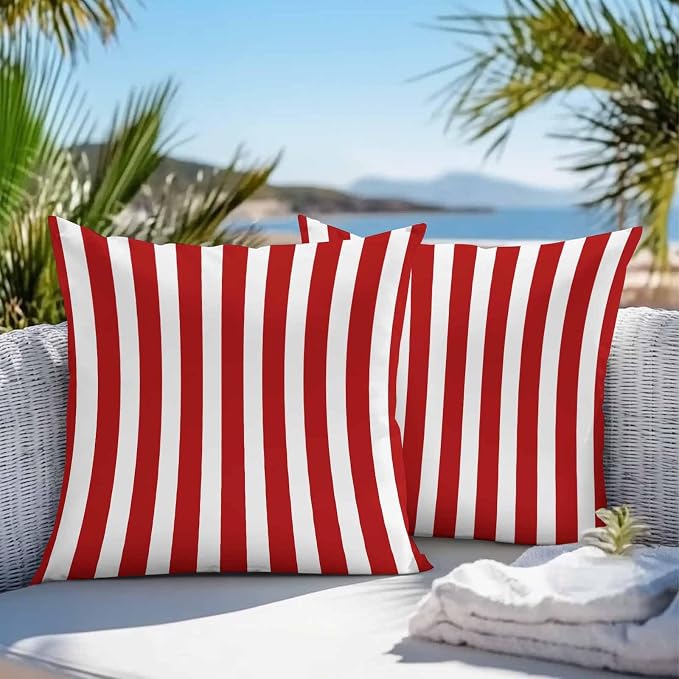 Red Striped Outdoor Waterproof Throw Pillow Covers 16x16 Set of 2, Christmas Farmhouse Red White Stripes Decorative Pillowcases Cushion Pillowcase for Couch Sofa Patio Outside Pillow Protector