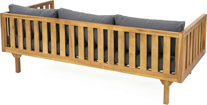 Merax Outdoor Acacia Wood Conversation Set - Patio 3-Seat Loveseat Sofa w/Coushion and Round Coffee Table for Backyard, Lawn, Balcony, Teak+Dark Gray