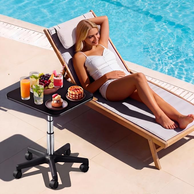 Nuanchu Pool Bar Poolside Table with Wheels 34-43 Inch Adjustable Height Black Outdoor Poolside Table Above Ground Pool Side Bar Towel Rack for Swimming Patio Accessories