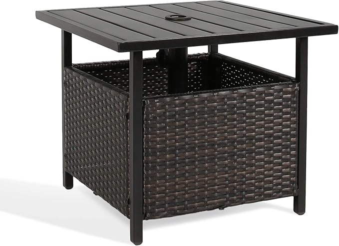 Patio PE Wicker Umbrella Side Table Stand, Outdoor Bistro Table with Umbrella Hole