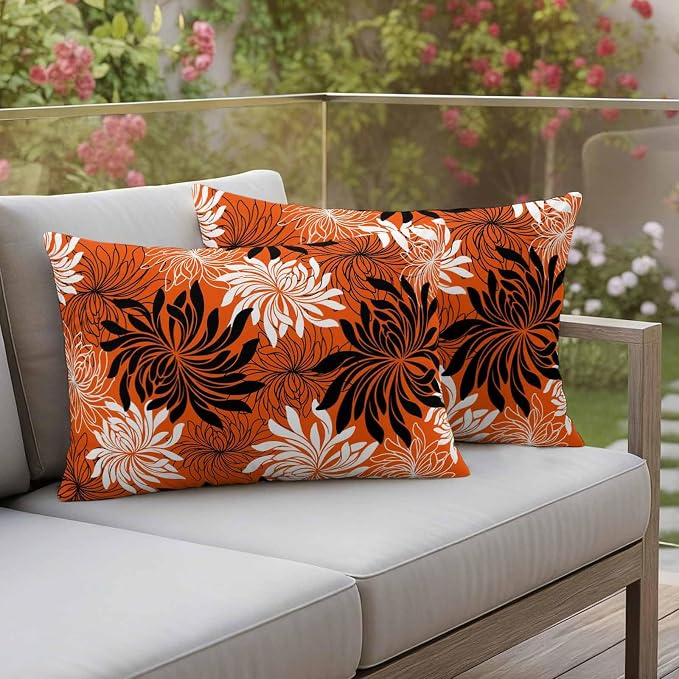 Yukro Orange Black Floral Outdoor Waterproof Pillow Covers Pack of 2, Vintage White Black Flower Orange Decorative Throw Pillowcases Cushion Covers for Garden Patio Tent Sofa Couch, 20x12 inch