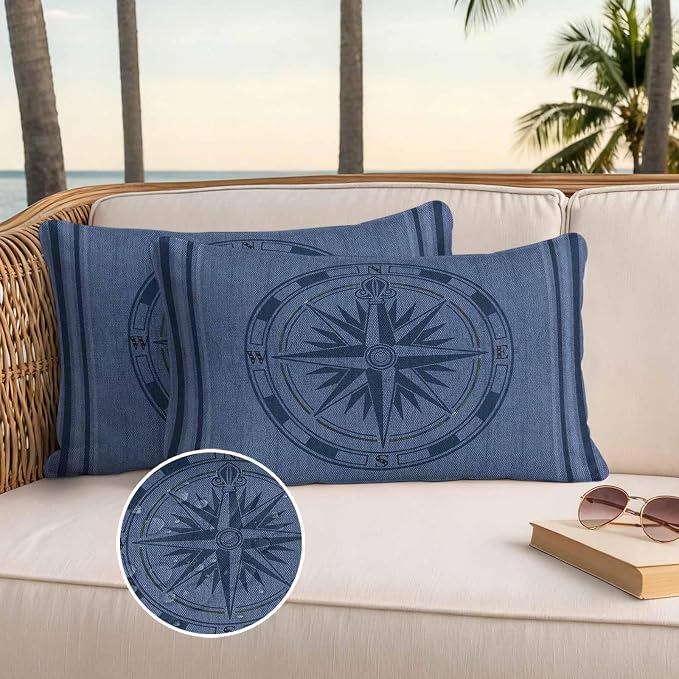 Compass Navigation Outdoor Waterproof Throw Pillow Covers Set of 2, 20"x12", Guide Letter Printing Decorative Pillow Covers Outside Cushion Case for Patio Porch Garden