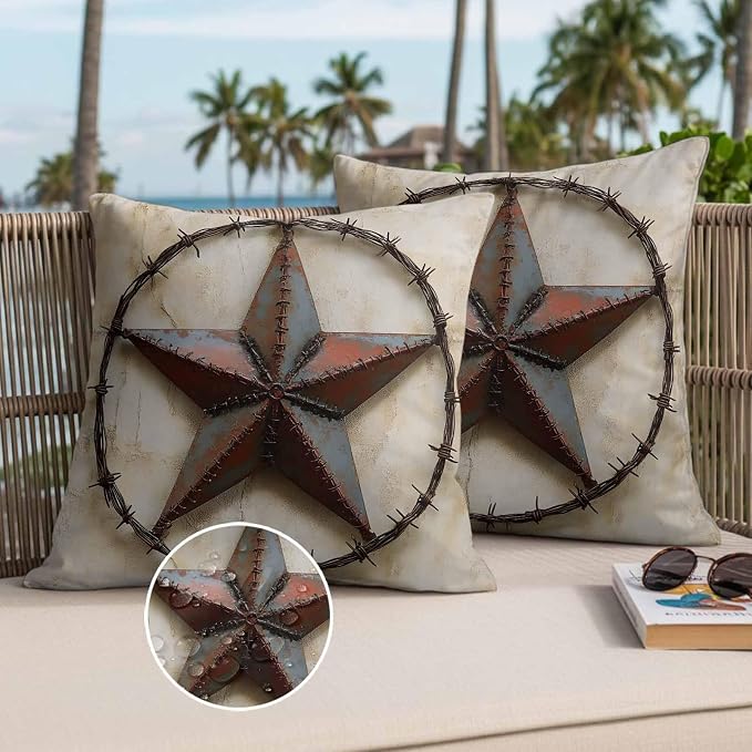 Texas Star Vintage Waterproof Outdoor Pillow Covers Set of 2 Home Decor, Abstract Country Stars Modern Pillowcase Patio Pillow Covers for Couch Bench Furniture Garden 18x18in