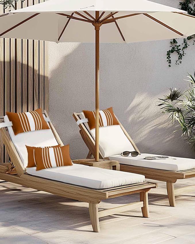 Pack of 4 Outdoor Lumbar Pillow Covers 11x16 Inch, Burnt Orange White Stripe Waterproof Throw Pillow Covers Set, Modern Rustic Vertical Striped Indoor&Outdoor Cushion Cases for Patio Porch Beach