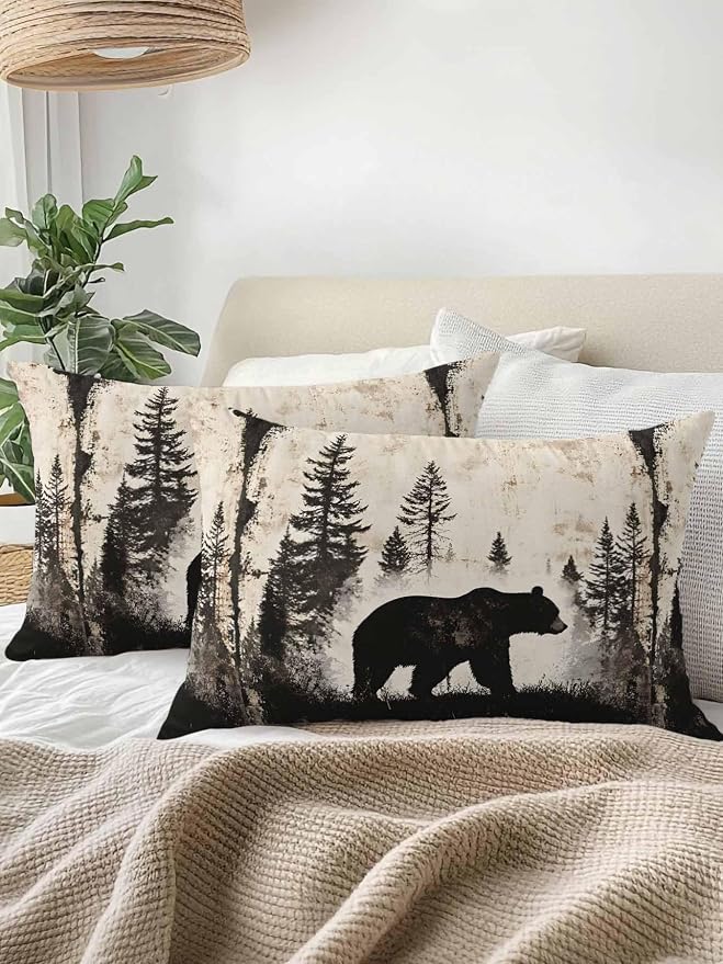 Outdoor Waterproof Throw Pillows Forest Brown Bear Silhouette Patio Pillows Pack of 2,Decorative Pillow Covers with Insert,Pillow Cushion Case for Garden Couch Sofa Minimalist Modern Art