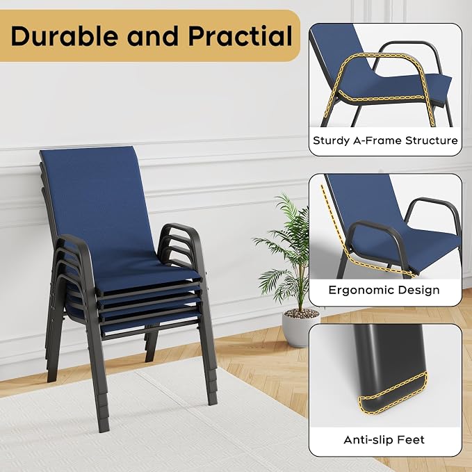 Outdoor Patio Dining Set for 4, 5 Pieces Patio Table and Chairs Set with Umbrella Hole, 37.8"x 37.8" Square Metal Wood-Grain Dining Table Set with 4 Stackable Patio Chairs for Deck , Backyard, Porch