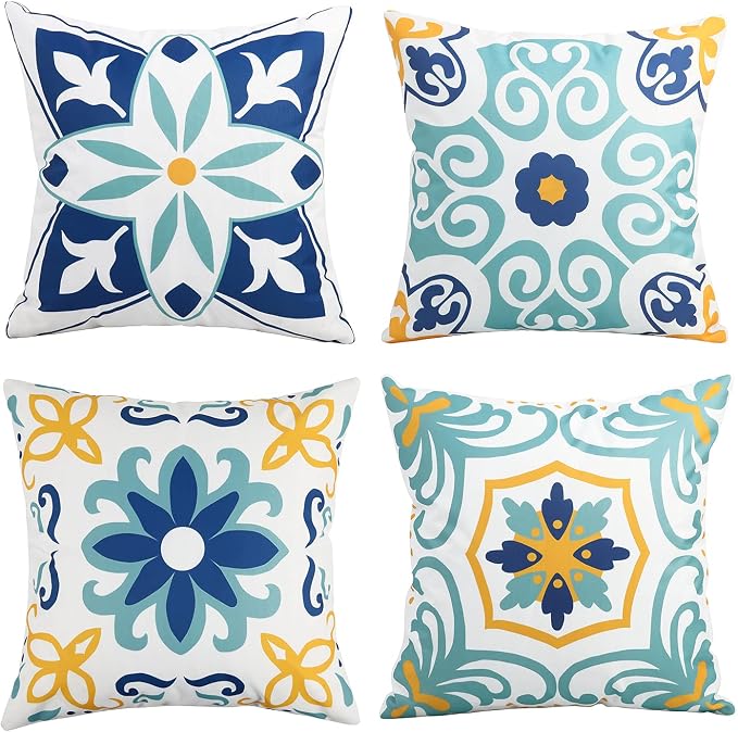 Pyonic Waterproof Outdoor Pillow Covers 22x22 Inch Set of 4 | Floral Print Boho Farmhouse Outdoor Pillows for Patio Funiture Garden,Blue