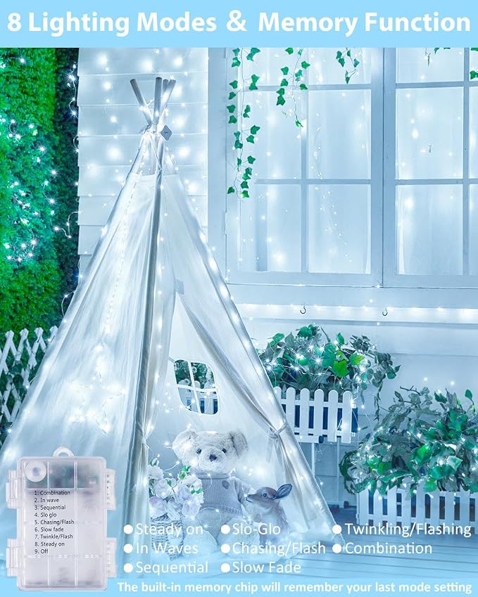 2 Pack 100 LED Fairy Lights Battery Operated with Remote, 33 FT Cool White | Cuttable, 8 Modes, Memory, Dimmable, Waterproof Battery String Lights with Timer for Indoor Outdoor, Christmas Decorations
