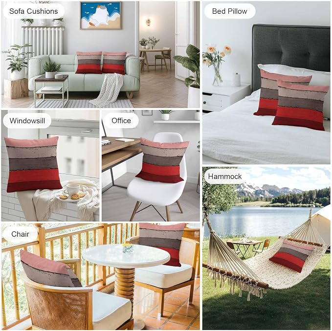 Outdoor Throw Pillow Covers 24X24 Set of 2 Waterproof Ombre Christmas Red Brown Decorative Zippered Cushion Covers for Patio Furniture, Farmhouse Retro Rustic Barn Wood Texture Lumbar Pillowcases