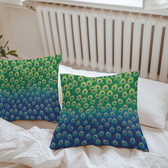 Peacock Feathers Outdoor Waterproof Pillow Covers, Ombre Blue Green Modern Animals Printed Decorative Square Throw Pillowcase Sofa Cushion Sham for Patio/Couch/Chair, 24"x24" 2 Pack