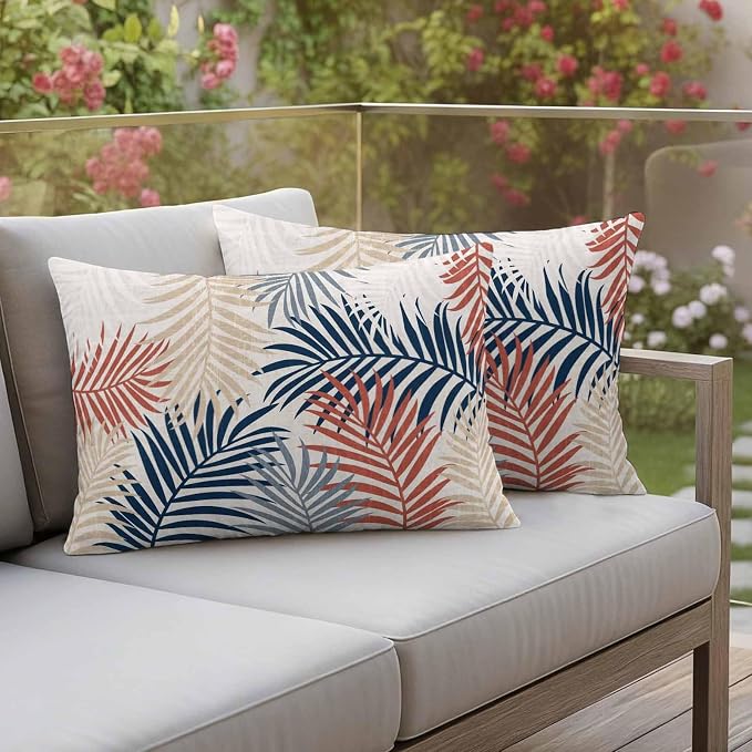 Outdoor Waterproof Throw Pillow Covers, Red Blue Yellow Palm Leaves Decorative Pillow Cases, Summer Botanical Tropical Leaf Couch Pillow Protector Patio Sofa Cushion Covers Replacement 20"x12" 2 Pack