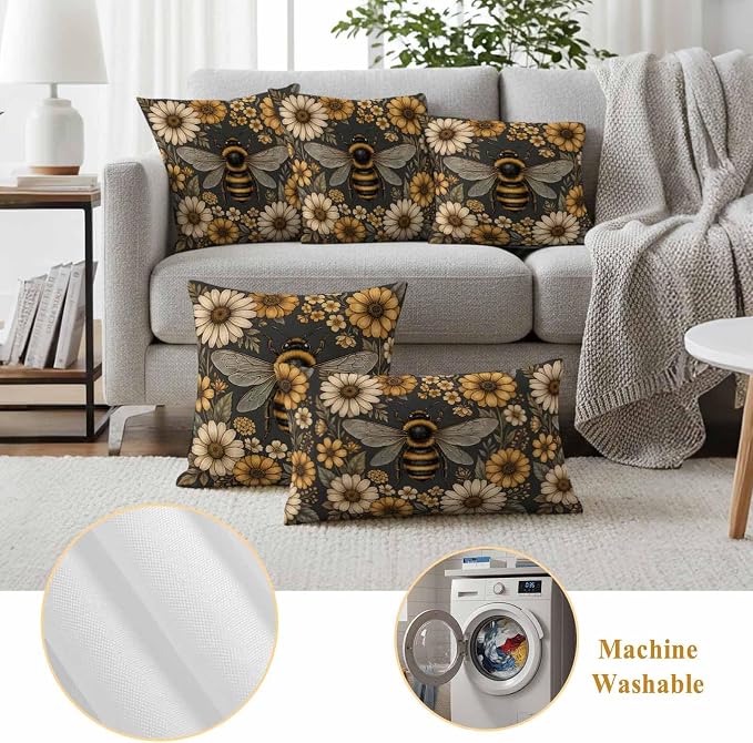 Outdoor Pillow Covers Waterproof, Bee Flowers Decorative Square Throw Pillowcases Patio Cushion Covers for Tent/Garden, 20" x 20" 2 Pack, Retro Country Animals Botanical Floral Plants