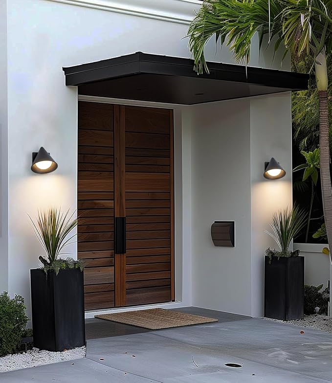 Outdoor LED Wall Lights Set of 2, 6W 3000K Modern Black Porch Wall Sconces for House, Exterior Patio Lighting Fixtures Wall Mount for Garage, Garden, Yard