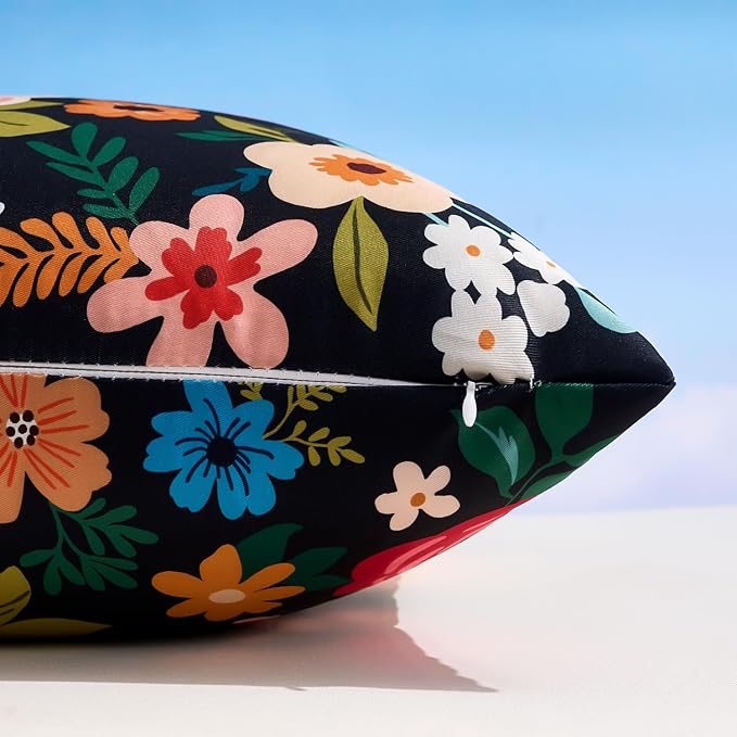 Outdoor Waterproof Floral Pillow Covers Decorative Throw Pillow Covers Summer Black Accent Square Couch Covers Garden Farmhouse Cushion Cases 16x16 Inch Set of 2 for Patio Tent Balcony Furniture Sofa
