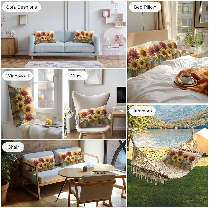 Retro Farmhouse Red Yellow Sunflower Outdoor Pillow Covers 20x12in Pack of 2 Waterproof Pillowcase Vintage Rustic Wood Floral Decorative Throw Cushion Case for Patio Couch Sofa
