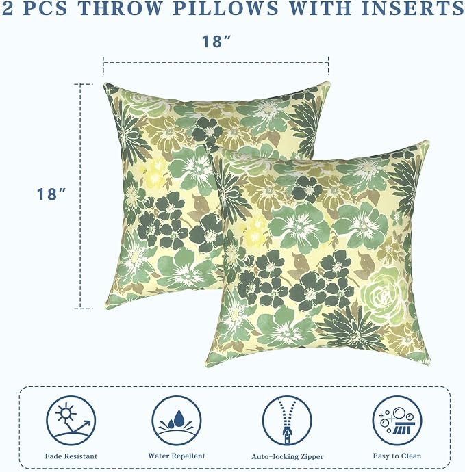 LVTXIII 2 Pack Outdoor Pillows 18x18 Inch, Square Throw Pillows with Inserts, Decorative Water-Repellent Pillow Cushions for Patio Furniture and Garden Sofa, Green Rose