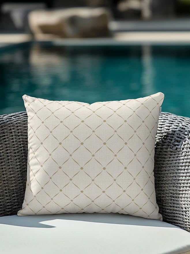 Waterproof Outdoor Pillow 1 Pack Beige Grid Plaid Decorative Throw Pillows Cover & Insert 18x18 Inch Pillowcase Diagonally Crossed Lines Pillows for Couch Sofa Bed Patio Furniture Indoor Outdoor