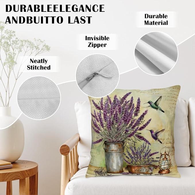 Lavender Pillow Covers Purple Flower Rustic Pillow Covers 16x16 Set of 2 Lavender Hummingbird Pillow Case Spring Vintage Cotton Linen Cushion Case for Garden Farmhouse Patio